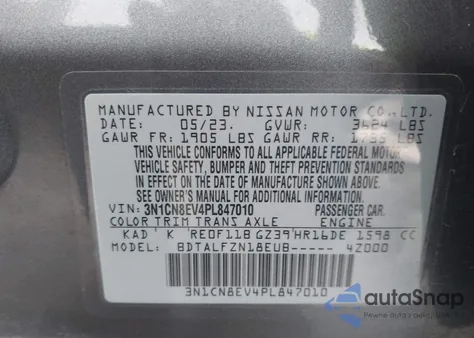 2023 Nissan Versa 1.6 Sv Xtronic Cvt from USA, damaged, VIN 3N1CN8EV4PL847010